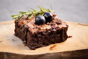 Refined brownie in a bento box against a whitewashed wood background