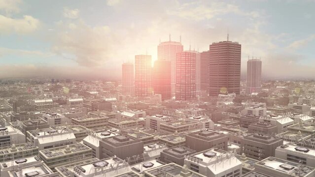 Camera Flight Over Developed Crowded Metropolitan City. City Related 3D Animations.