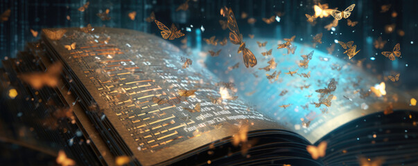 Close-up of a digital ledger book, pages fluttering with blockchain code and mythical symbols, bridging old and new worlds
