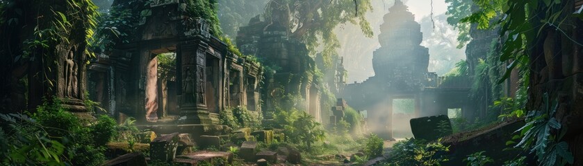 Ancient kingdom ruins, overgrown, dawn mist, wide shot, forgotten glory painting , high resolution DSLR - obrazy, fototapety, plakaty
