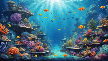 Illustration of an enchanting underwater world, with coral reefs teeming with colorful fish and marine life.