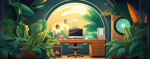 Fantasy office cubicle with a portal to a financial utopia, vibrant plants and gold coins.