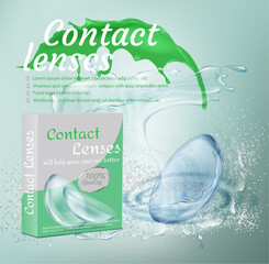 Realistic promotion banner with contact lenses in water splashes on blue background
