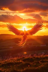 Phoenix rising from ashes, sunset, wide landscape, rebirth theme, mythical bird, epic photo , hyper realistic