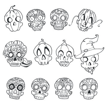 vector set of drawn cartoon contour skulls
