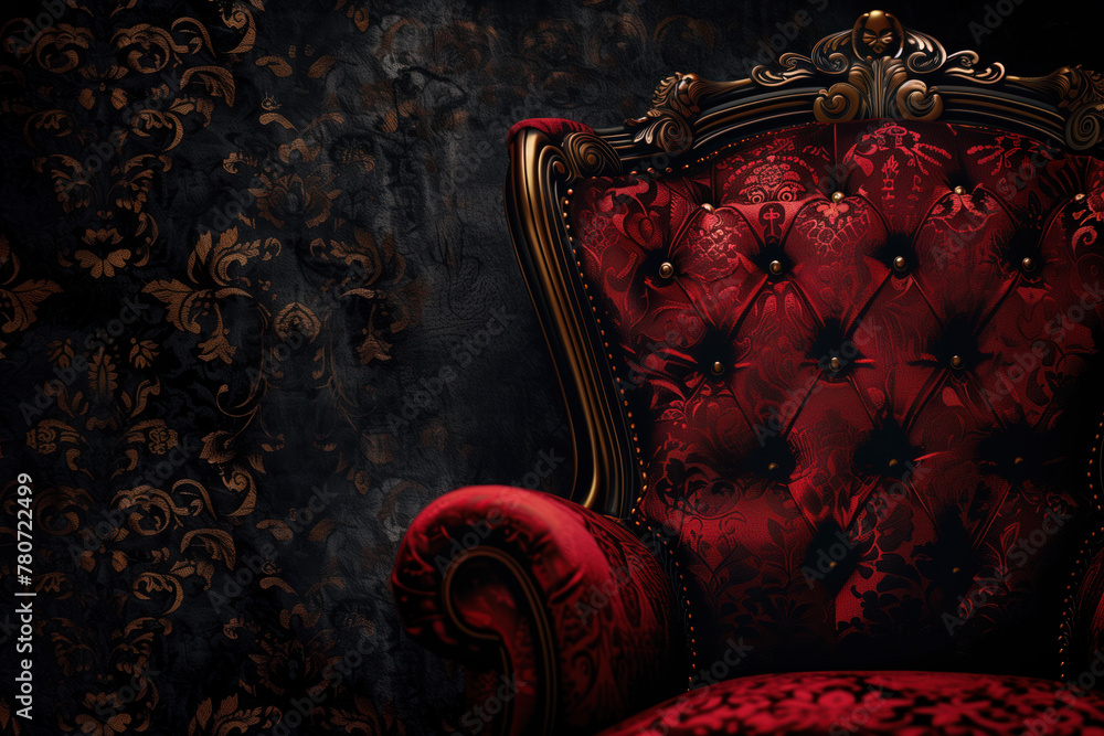Poster classic red velvet armchair. in a dark classy room. background image. created with generative ai tec