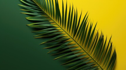 Palm tree with tropical leaves on a yellow background with a place for text. The concept of recreation, tourism and sea travel.