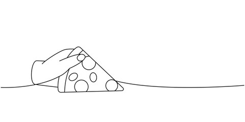 Hand holding a italian pizza slice one line continuous drawing. Traditional italian fast food continuous one line illustration. - 780722483