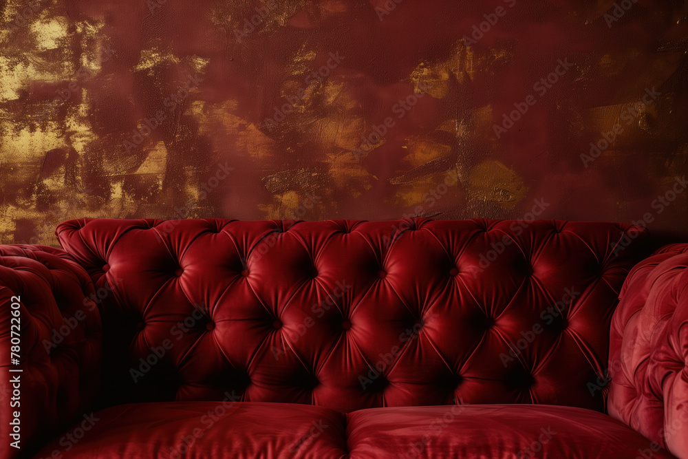 Poster red velvet sofa in a room. background image. created with generative ai technology.