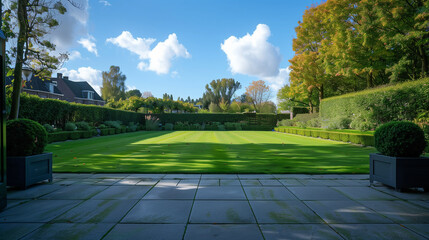 Manicured lawn with hedges and trees in a formal garden