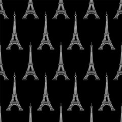 Eiffel Tower pattern black and white. France national lankmark. Vector seamless background. Hand drawn outline French symbol
