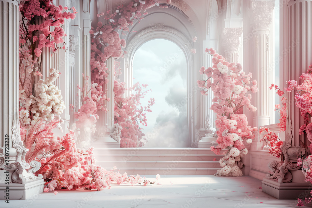 Aufkleber arched corridor with flowers. mystical background image. created with generative ai technology.