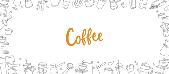 Coffee shop horizontal outline banner. Elements for cafe menu, coffee shop. Beans, cups, pot, package, grinder, filter, machine, portafilter, kettle.