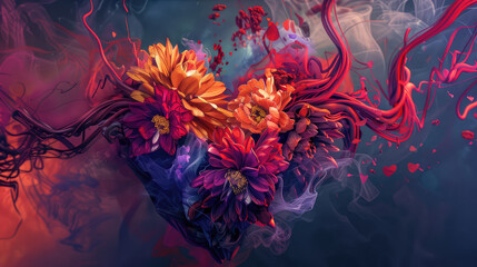 Obraz premium Flaming Watercolor: A vivid blend of red and yellow swirl together, resembling fire amidst the cool hues of water, capturing the essence of heat and intensity