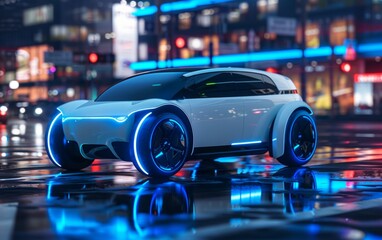 Fototapeta na wymiar A sleek futuristic car gleams under neon lights in a vibrant cyberpunk cityscape, reflecting high-tech vibes and advanced urban design. Car