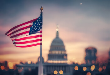 American flag in focus with a blurred background of the United States Capitol building at dusk, symbolizing patriotism and American government.