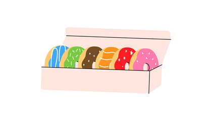 Glazed donuts in carton box. Bakery sweet pastry food. Vector illustration.