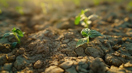 A row of terrestrial plants emerging from the dry ground in a colorful landscape