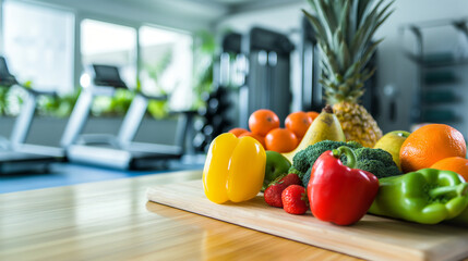 fresh fruit and vegetable healthy food on kitchen island with fitness running machine in modern fitness in background with heathy sport exercise concept