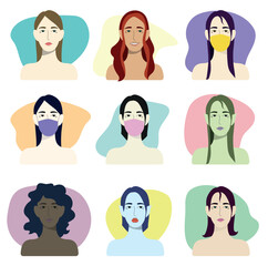vector set of cartoon portraits of various female characters with different skin color, hair color and nationality