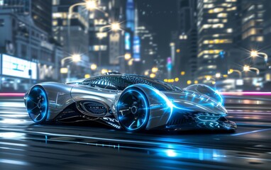 A sleek futuristic car gleams under neon lights in a vibrant cyberpunk cityscape, reflecting high-tech vibes and advanced urban design. Car