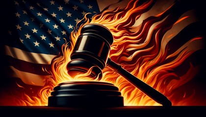 Burning gavel with a wavy American flag artwork - The powerful image of a judge's gavel ablaze in front of an artistically rendered wavy American flag - obrazy, fototapety, plakaty