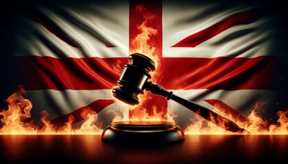 Judge gavel with burning flag of Northern Ireland - Judge's gavel superimposed on a fiery flag of Northern Ireland, conveys the theme of judicial power in turmoil - obrazy, fototapety, plakaty