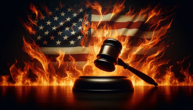 Judge's gavel on fire with American flag - An evocative image of a burning judge's gavel set against a glowing American flag