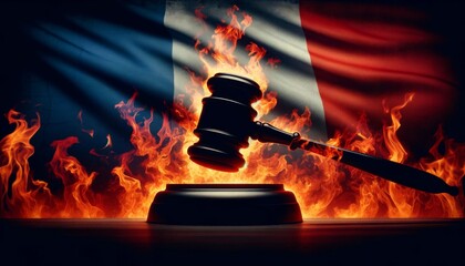 Gavel on fire with dramatic shadowed background - An artistic representation of a judge's gavel engulfed in flames, casting a formidable shadow against a dark backdrop - obrazy, fototapety, plakaty