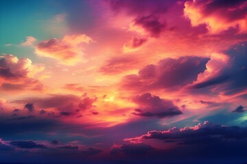 Naklejka na ściany i meble A dramatic sky with colorful clouds during sunset. The clouds are pink, purple, and blue, and there is a hint of orange on the left side. The sky appears to be setting, creating a beautiful and seren