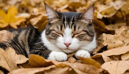 Naklejka na ściany i meble A-Sleepy-Cat-Nestled-In-A-Pile-Of-Leaves-