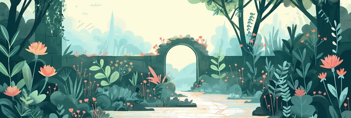 A captivating illustration of a garden path leading to an archway, surrounded by flourishing flowers and foliage in a mystical setting.