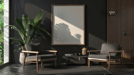 Mockup picture frame, Modern & African Furniture, 3d render. Ai generative.