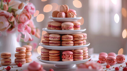 A tower of delicate macarons in various flavors such as raspberry pistachio and salted caramel elegantly displayed on a tiered serving tray