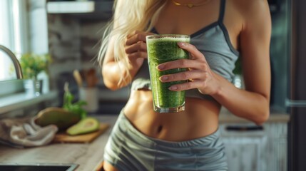 Slim woman wearing sport wears holding glass of green vegetable smoothie standing in bright modern kitchen. Healthy lifestyle and nutrition concept. - obrazy, fototapety, plakaty