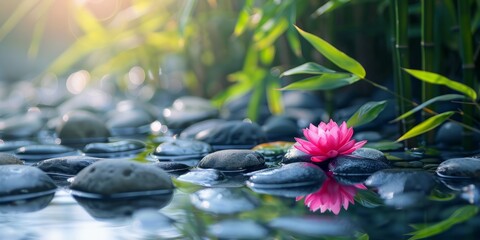 Bamboo and rocks with pink flower in water, spa background banner with copy space area for text and message Generative AI