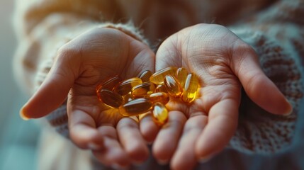 Woman holding fish oil capsules. Healthy lifestyle and Dietary supplement