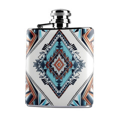 Ornate Bohemian-Style Flask with Teal, Orange, and Navy Blue Mandala Design on Transparent Background
