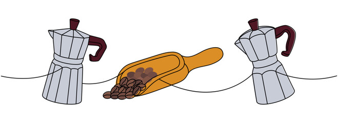 Coffee one line colored continuous drawing. Italian coffee makers, coffee beans on wooden scoop continuous one line colored illustration. - 780725631