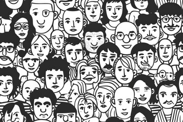 Seamless Ethnic Diversity Pattern of Cartoon Faces in Black and White