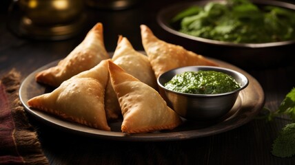 Crispy samosas accompanied by green chutney on a rustic plate, set against a dark, moody background.