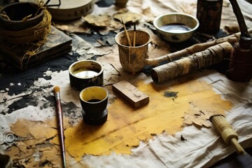 Fototapeta na wymiar Wabi-sabi background, where hand-made paper meets natural dye and sumi ink. 