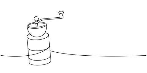 Small coffee grinder one line continuous drawing. Hand drawn elements for cafe menu, coffee shop. Vector linear illustration.