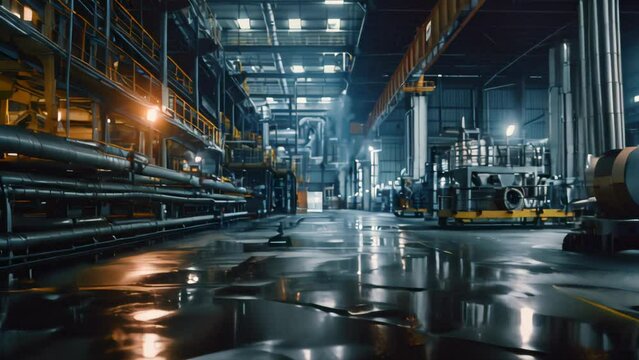 Industrial plant interior with pipelines and steel constructions at night. Industrial workplace concept.