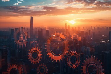 Sunset over city with translucent gears, representing strategic business growth - obrazy, fototapety, plakaty
