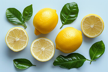 Fresh Lemons with Green Leaves on a Background