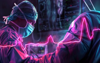 Surgeon with a heartbeat line flowing into an intense operating theatre scene