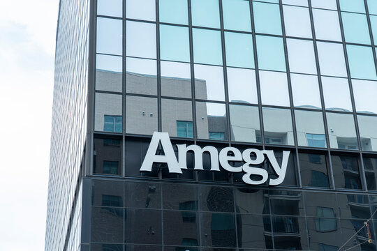 Houston, Texas, USA - April 6, 2024: Amegy Bank sign on the building is seen. Houston, Texas, USA. Amegy Bank of Texas is a US bank.
