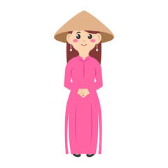 Vietnamese tradition womens cartoon. Beautiful vietnamese woman. Dress vietnamese woman. Digital art illustration. 