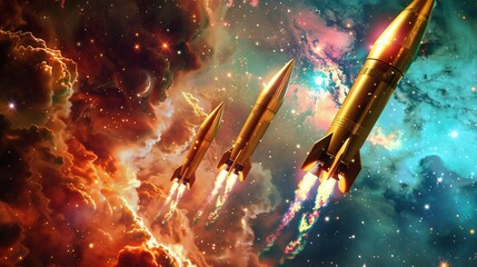 A fleet of gold rockets soaring towards the moon, their metallic sheens gleaming against a backdrop of a vibrant, multicolored nebula, stars twinkling in the cosmic expanse